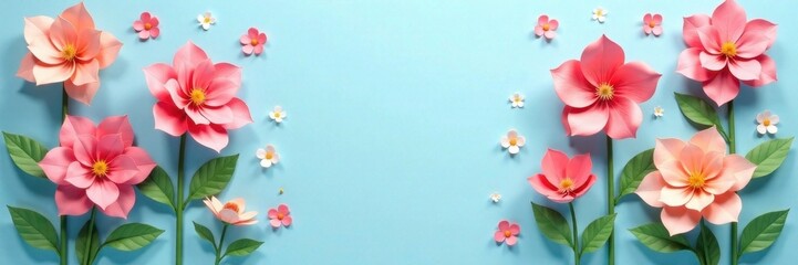 Fototapeta premium Vibrant paper flowers, light blue backdrop, central space, greeting card, wedding, design