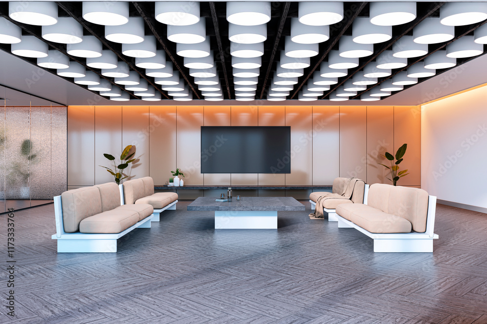 Poster modern spacious waiting area with beige sofas, sleek marble table, stylish ceiling lights, and warm 