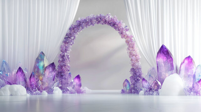 Enchanting purple crystal wedding arch with white drapery for luxurious event backdrops and maternity photography