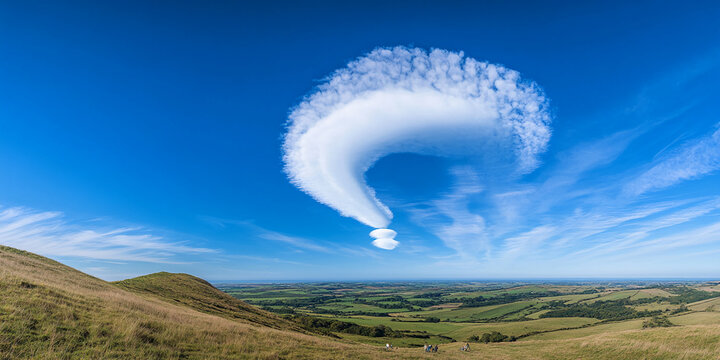 Unique cloud formation resembling a question mark in a vibrant blue sky above a scenic countryside landscape - Powered by Adobe