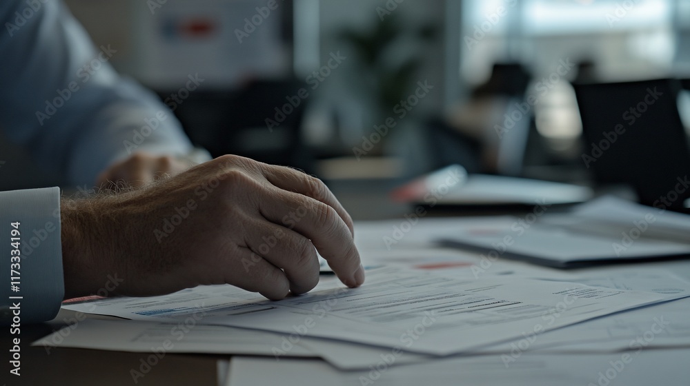 Poster close-up of hands reviewing documents at a desk in an office.