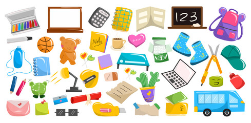 Vector set of school supplies isolated on white background. Including book, laptop, lamp, black board and white board, eraser, pencil, glasses, school bus and desk. Educational elements collection.