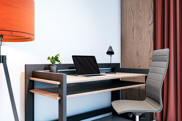 Modern workspace with laptop on desk, sleek chair, desk lamp, and plant, featuring wooden and light elements, minimal design. 3D Rendering