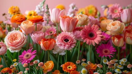 A colorful mix of flowers in shades of pink, orange, and yellow, set in front of a gentle pink backdrop, creating a warm and vibrant display.
