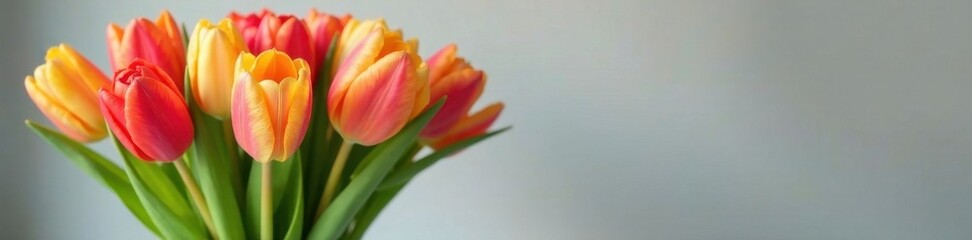 A cluster of tulips in a clear vase, various colors , colorful, pink