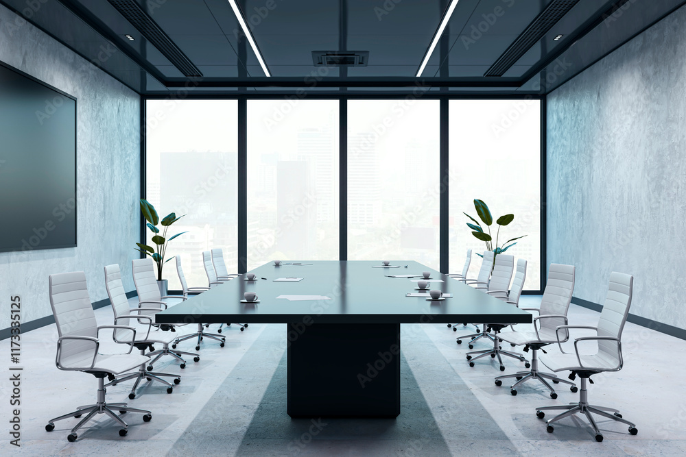 Poster modern conference room with large table and chairs in a bright interior, featuring glass walls and a