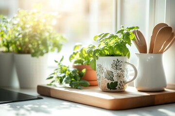 A cozy family kitchen with a colorful tiled backsplash, potted herbs on the windowsill, and a kettle steaming on the stove