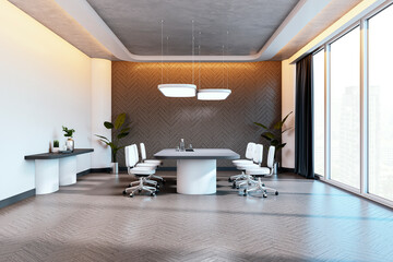 Modern conference room with stylish furniture, large windows, and elegant design. 3D Rendering