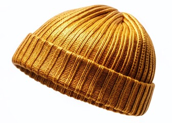 Fototapeta premium Luxurious Golden Beanie Hat, Winter Fashion Accessory, Isolated on White Background