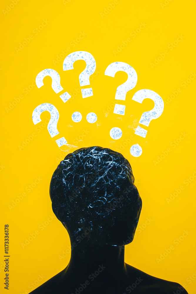 Poster mysterious silhouette with question marks over a textured head against a bright yellow background