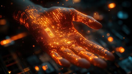 Holographic human hand reaching through digital interface, surrounded by glowing circuit patterns