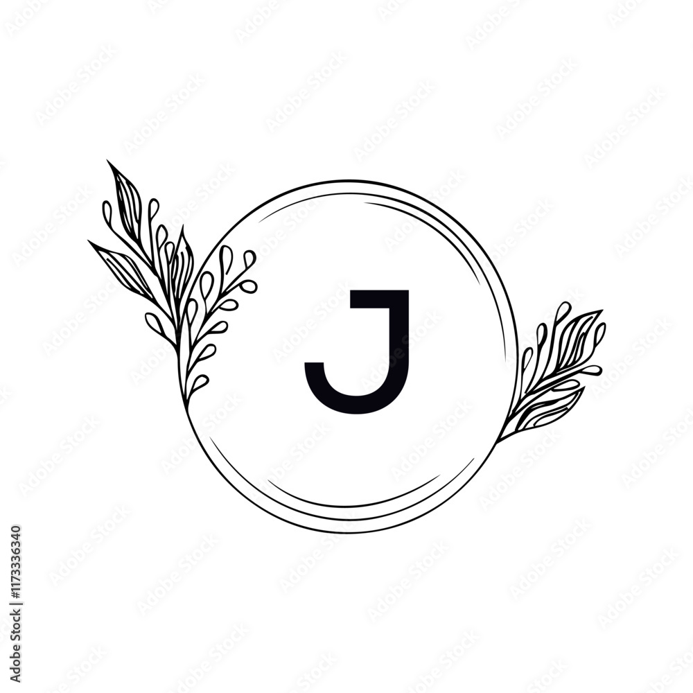 Fototapete abstract initial letter j logo. white geometric shape with red square dot isolated on blue backgroun