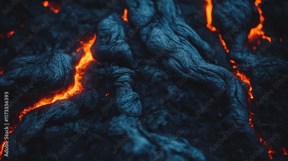 Poster Cooling lava is slowly forming igneous rock as molten lava flows through it, creating a mesmerizing contrast between dark solidified rock and glowing orange molten lava