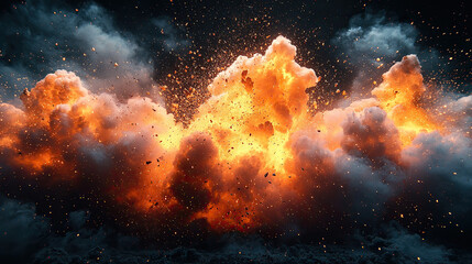 Obraz premium explosion, black background, blast, fiery, dynamic, fireball, detonation, impact, destruction, energy, burst, smoke, flames, powerful, dramatic, intense, glowing, light, debris, shockwave, combustion,