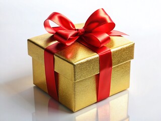 Obraz premium Luxurious Gold Gift Box with Red Ribbon Bow - Elegant Present on White Background
