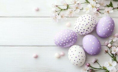 Fototapeta premium Easter Eggs Decorated with Dots on White Wooden Background