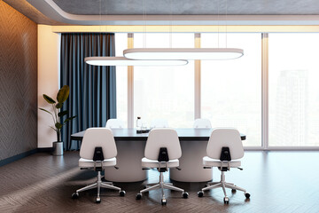 Modern conference room with white chairs, round table, and large windows overlooking cityscape, featuring sleek design and luxury interiors. 3D Rendering