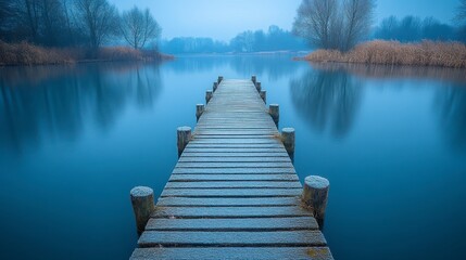 Fototapeta premium Serene winter lake scene with frosty wooden dock extending to tranquil waters.
