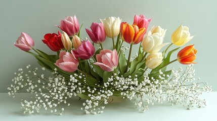 A beautiful arrangement of multi-colored tulips and delicate white baby's breath against a soft mint green surface, radiating freshness and elegance