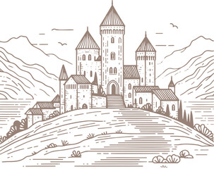 Medieval Castle on Hill in Detailed Line Art Style