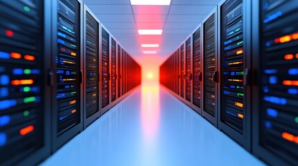 Row of High-Performance Servers in Modern Data Center Highlighting Advanced Technology and Connectivity in a Secure and Efficient Computing Environment
