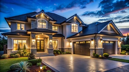 Luxurious New Construction Home at Night - Dream Home Exterior