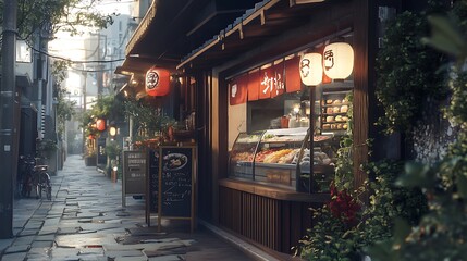 A charming street scene featuring a traditional food shop with lanterns and a cozy atmosphere.