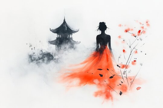 A dreamy watercolor of a Khmer apsara dancer performing in a temple courtyard, surrounded by delicate floral accents