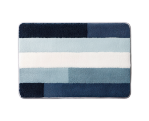 Striped blue toned rectangular rug with a soft textured surface and alternating shades of blue and white for modern design. Ideal for home decor. Isolated on transparent background, png.
