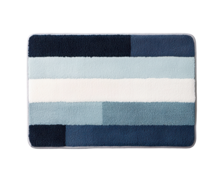 Striped blue toned rectangular rug with a soft textured surface and alternating shades of blue and white for modern design. Ideal for home decor. Isolated on transparent background, png.