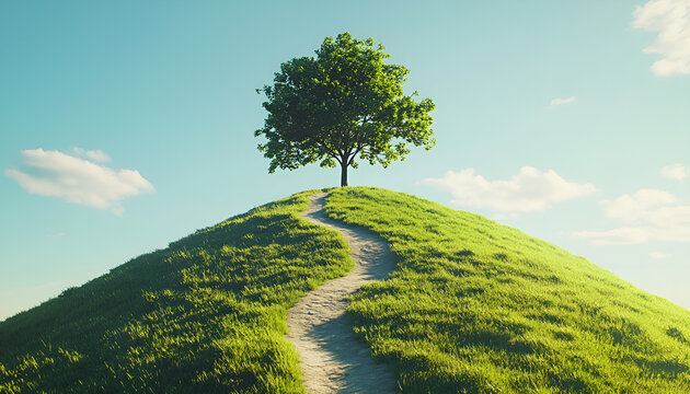 Drumlin hills and lonely tree under blue sky in summer