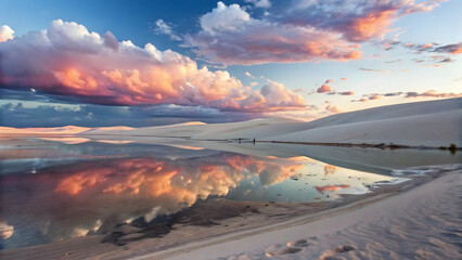 Majestic Desert Landscape with Reflection in Calm Water at Sunset