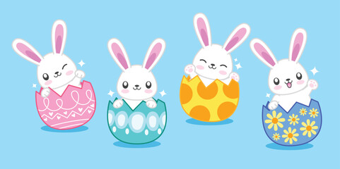 Set of cute rabbit easter egg kawaii collection
