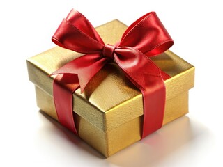 Obraz premium A miniature golden gift box, perfectly tied with a red bow, sits on a pristine white background.