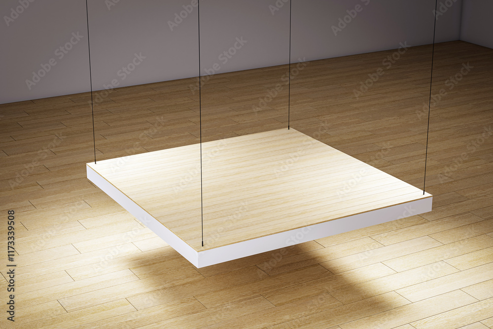 Poster floating wooden platform in a modern interior with clean design for creative presentations and produ