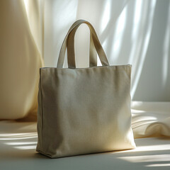 Tote bag mockup on draped fabric by window, sunlit shadows, product display