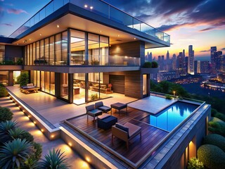 Fototapeta premium Luxurious Villa Night View: 4K Looping Animation of Sparkling Cityscape from Large Windows