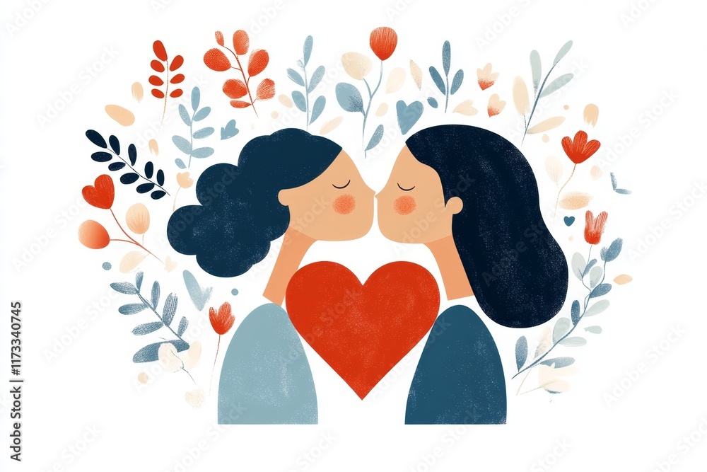 Poster a flat design of a heart symbol with two figures leaning in for a kiss, rendered in soft pastel colo
