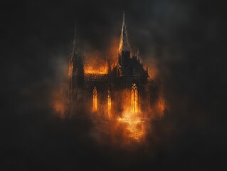 Fototapeta premium A mystical floating temple carved from glowing crystal, suspended above an endless sea of mist. Radiant beams of light emanate from the temple’s spires, illuminating floating staircases that 