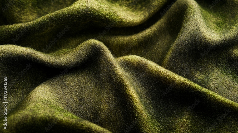 Poster close-up of textured, olive-green fabric with soft, flowing drapes and subtle light variations.