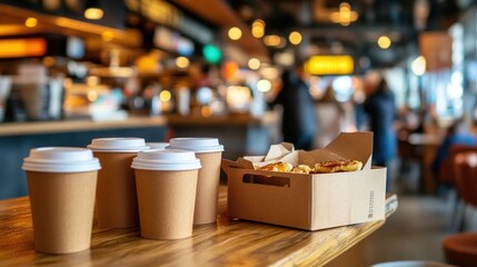 Coffee cups and food containers on a table in a busy food court. © Anum