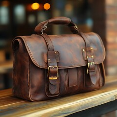 Brown Leather Briefcase on Wooden Surface