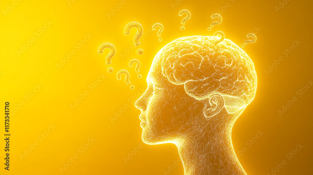 Poster illuminated human brain with question marks on a bright yellow background