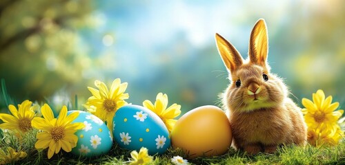 Easter Bunny with Colorful Eggs and Flowers