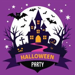 Halloween hunter house and pumpkin, bats isolated on white background 