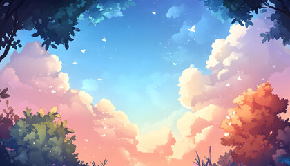 Fototapeta premium Serene Sky Above Lush Green And Autumn Trees