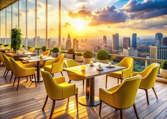 Luxury Rooftop Restaurant: Yellow Table Setting with Stunning City View