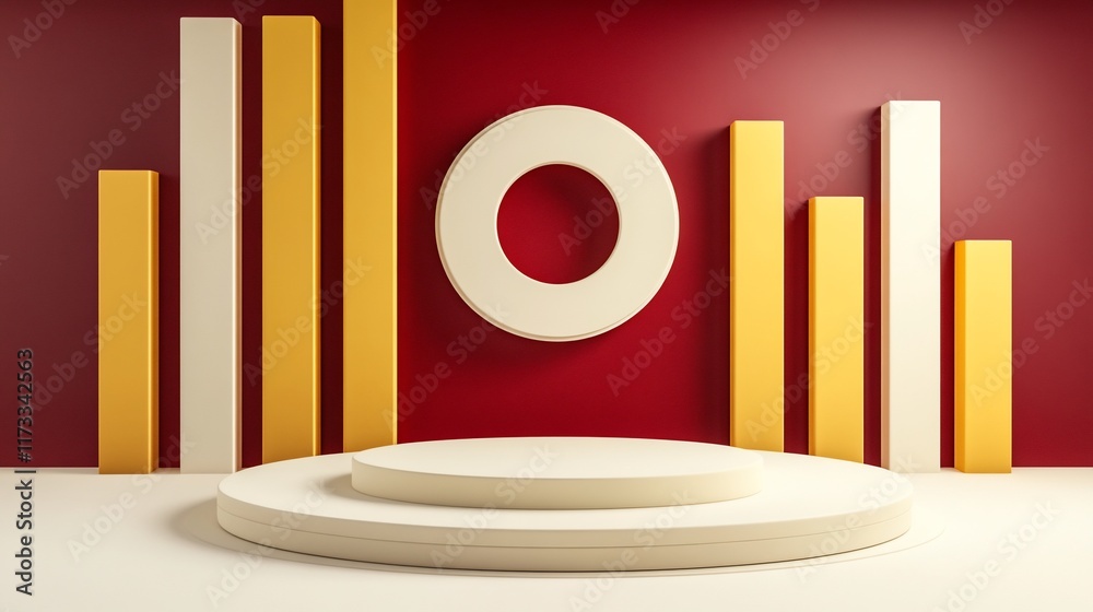 Poster Abstract 3D rendering of a minimalist product display podium with geometric shapes and a red background.