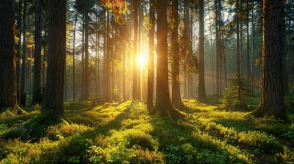 Sunlight streaming through tall pine trees in a lush green forest with mossy ground. A peaceful, natural woodland scene capturing the serene beauty of early morning light and untouched nature.