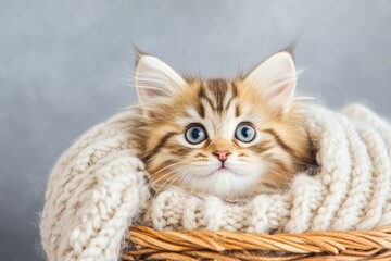 Obraz premium A fluffy kitten with wide blue eyes, sitting in a wicker basket surrounded by soft blankets